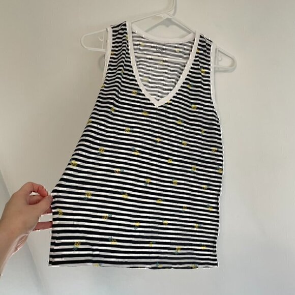 ANN TAYLOR LOFT White Black Stripe Pineapple Fruit V-Neck 100% Cotton Tank Top - Picture 6 of 12